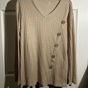 Ribbed V-Neck Sweater with Button Detail